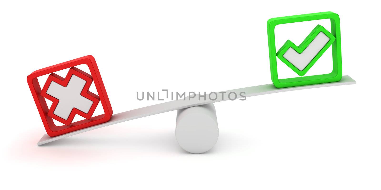 Green tick and red cross balancing on the seesaw
