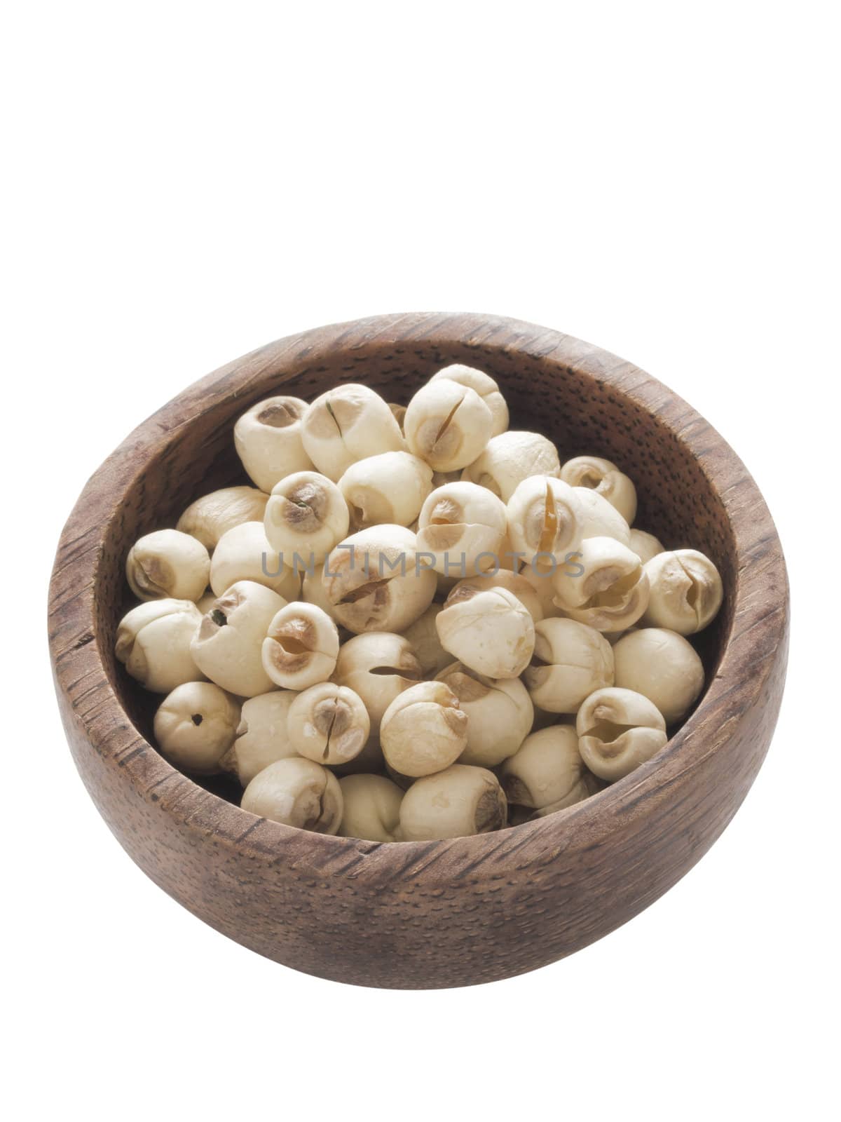 close up of a bowl of lotus seeds isolated on white