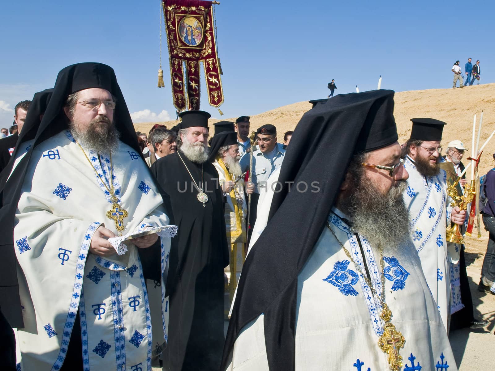 QASER EL YAHUD , ISRAEL - JAN 18 : The greek orthodox patriarch participates in the baptising ritual during the epiphany at Qaser el yahud , Israel in January 18 2012