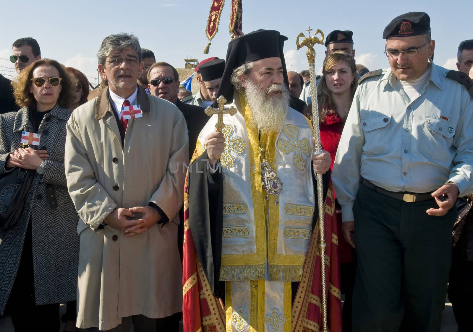 QASER EL YAHUD , ISRAEL - JAN 18 : The greek orthodox patriarch participates in the baptising ritual during the epiphany at Qaser el yahud , Israel in January 18 2012