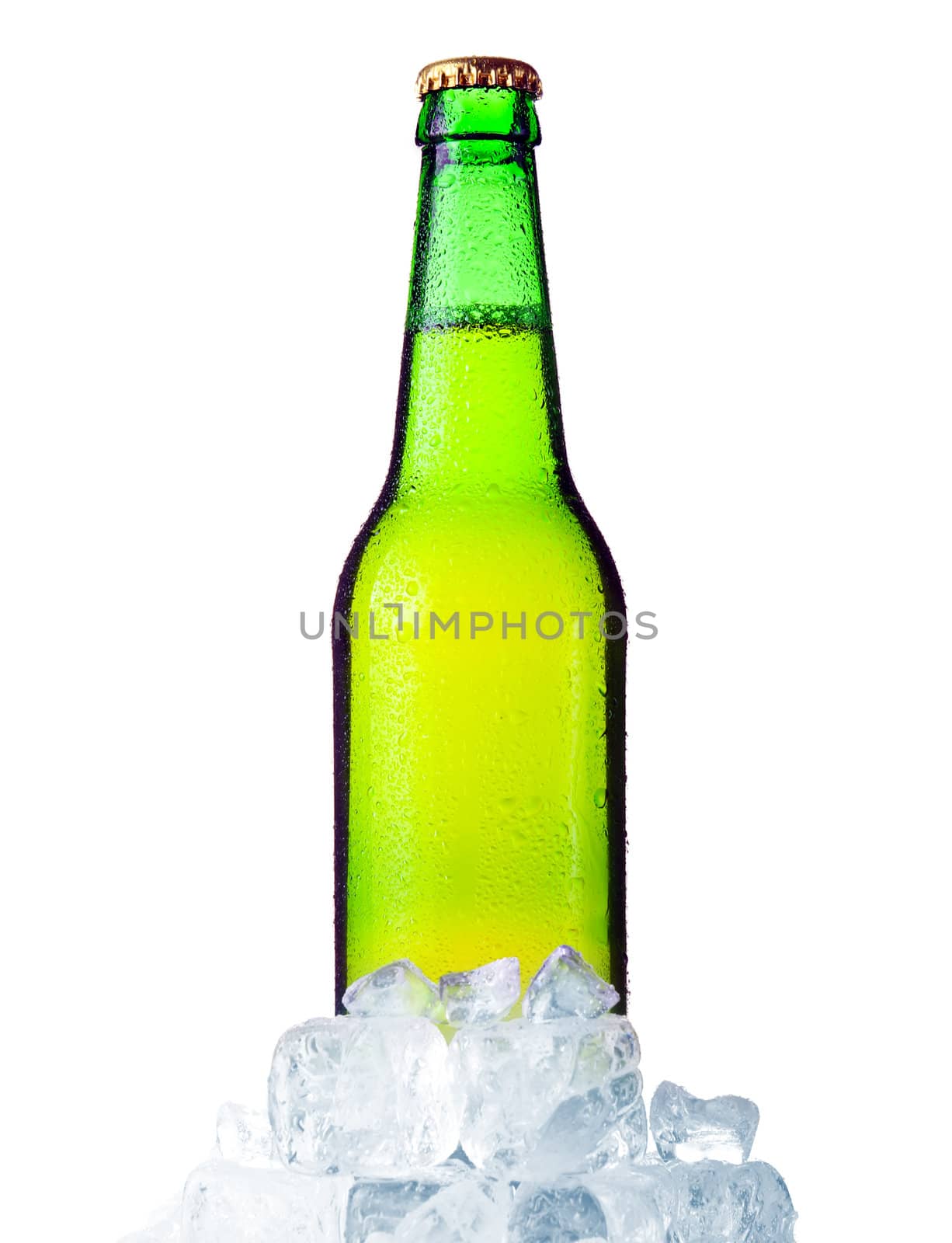 Green bottle of beer with ice isolated on white background