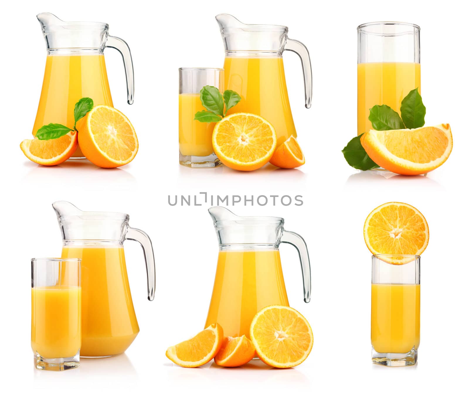 Set of jugs and glasses of orange juice with fruits isolated on white