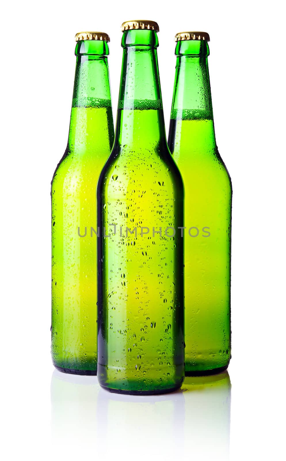 Three green bottles of beer isolated on white background