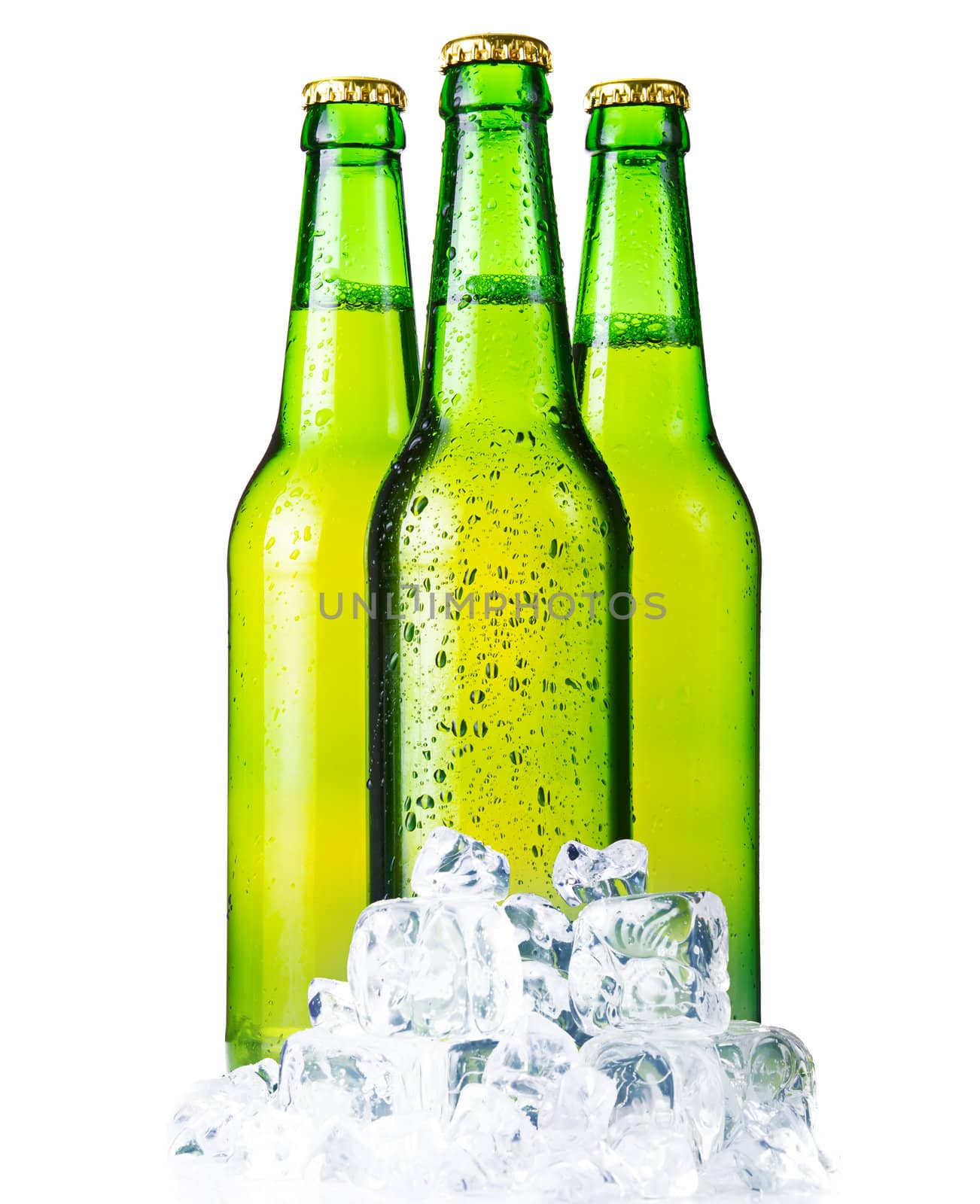 Three green bottles of beer with ice isolated by alphacell