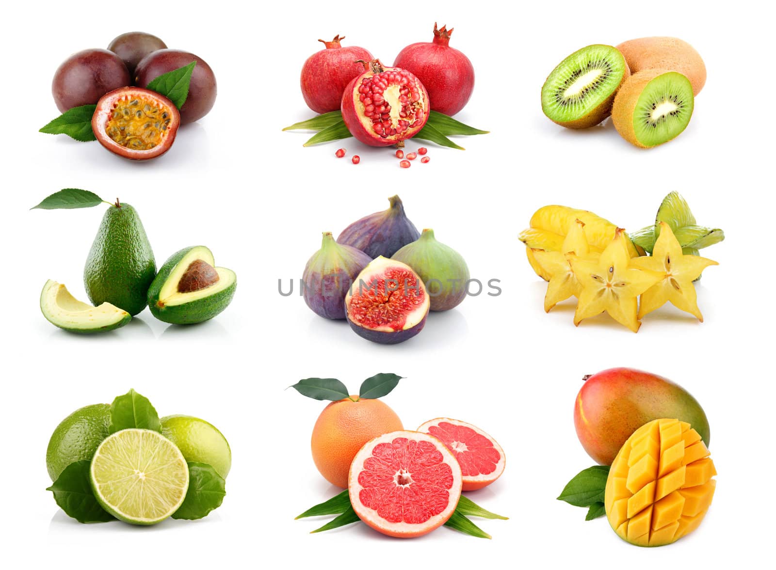 Set of exotic fruits isolated on white background
