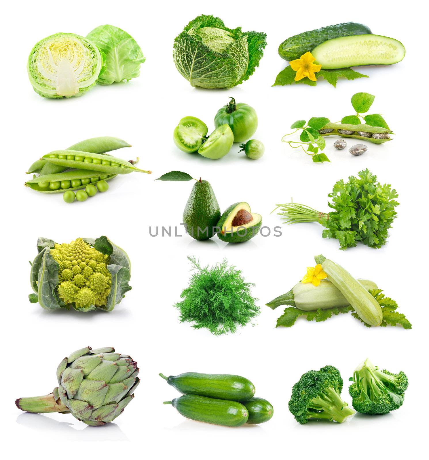 Set of fresh green vegetables isolated on white background