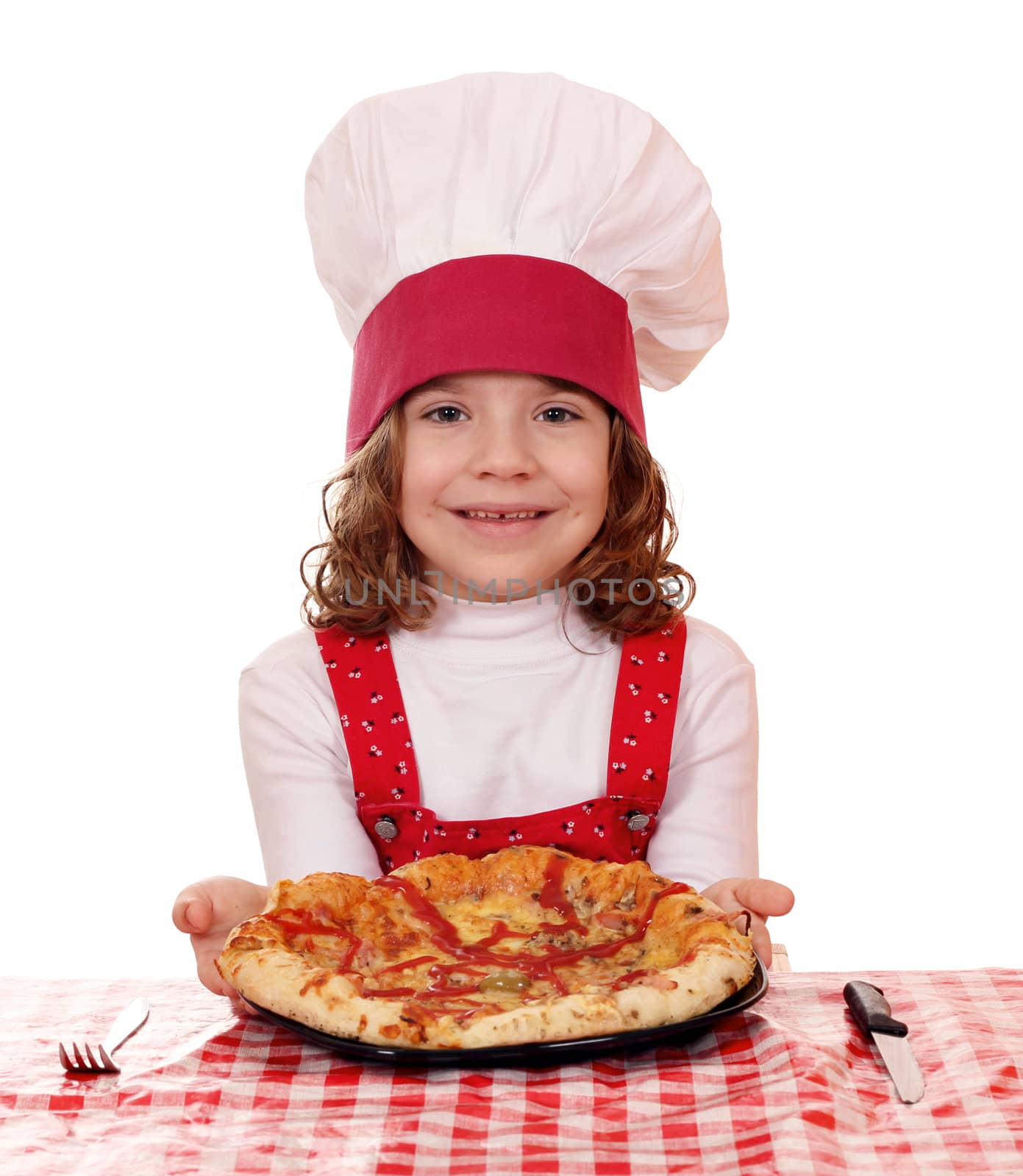 beautiful happy little girl with pizza
