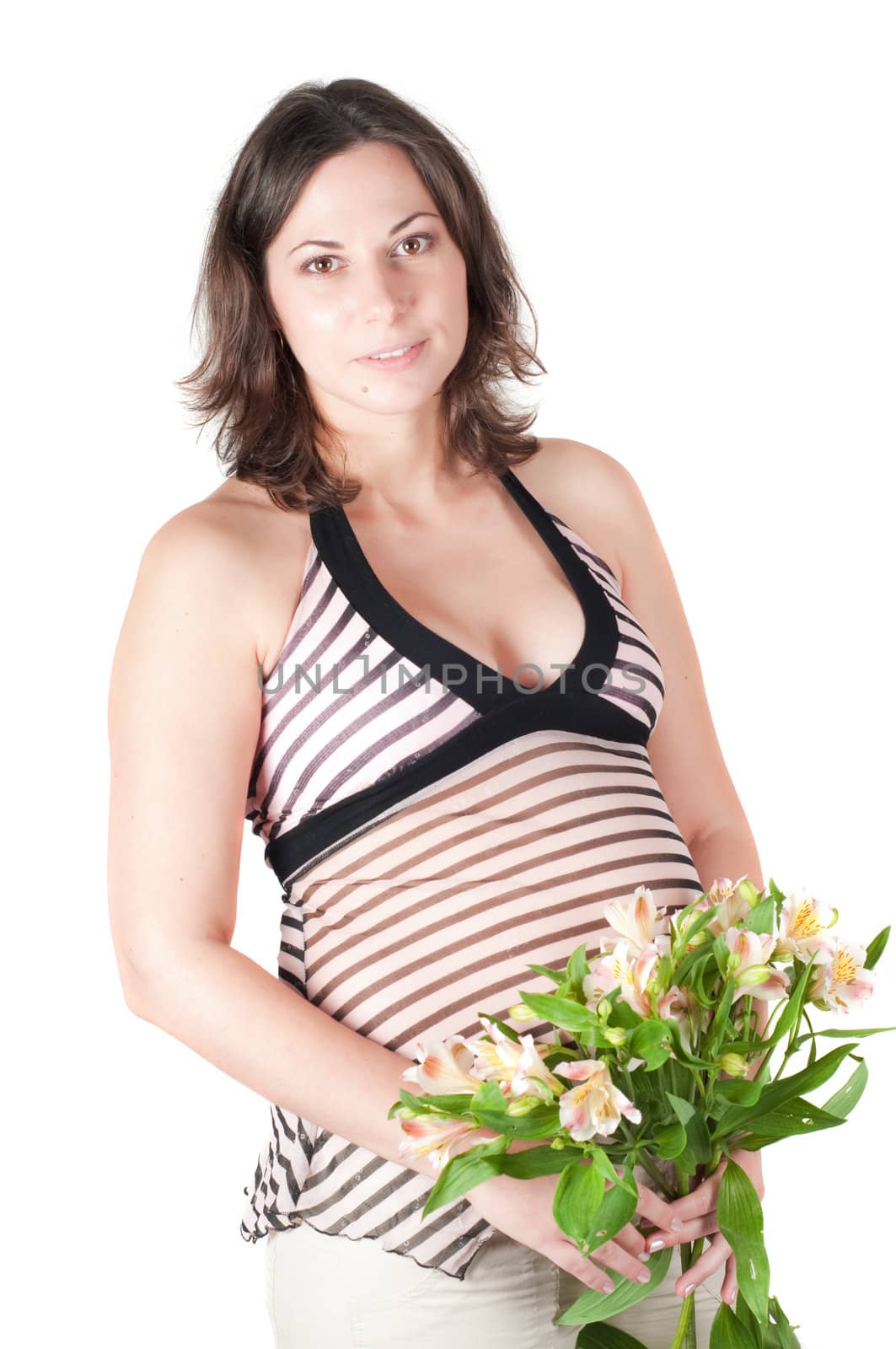 Portrait of pretty pregnant woman with flowers isolated on white