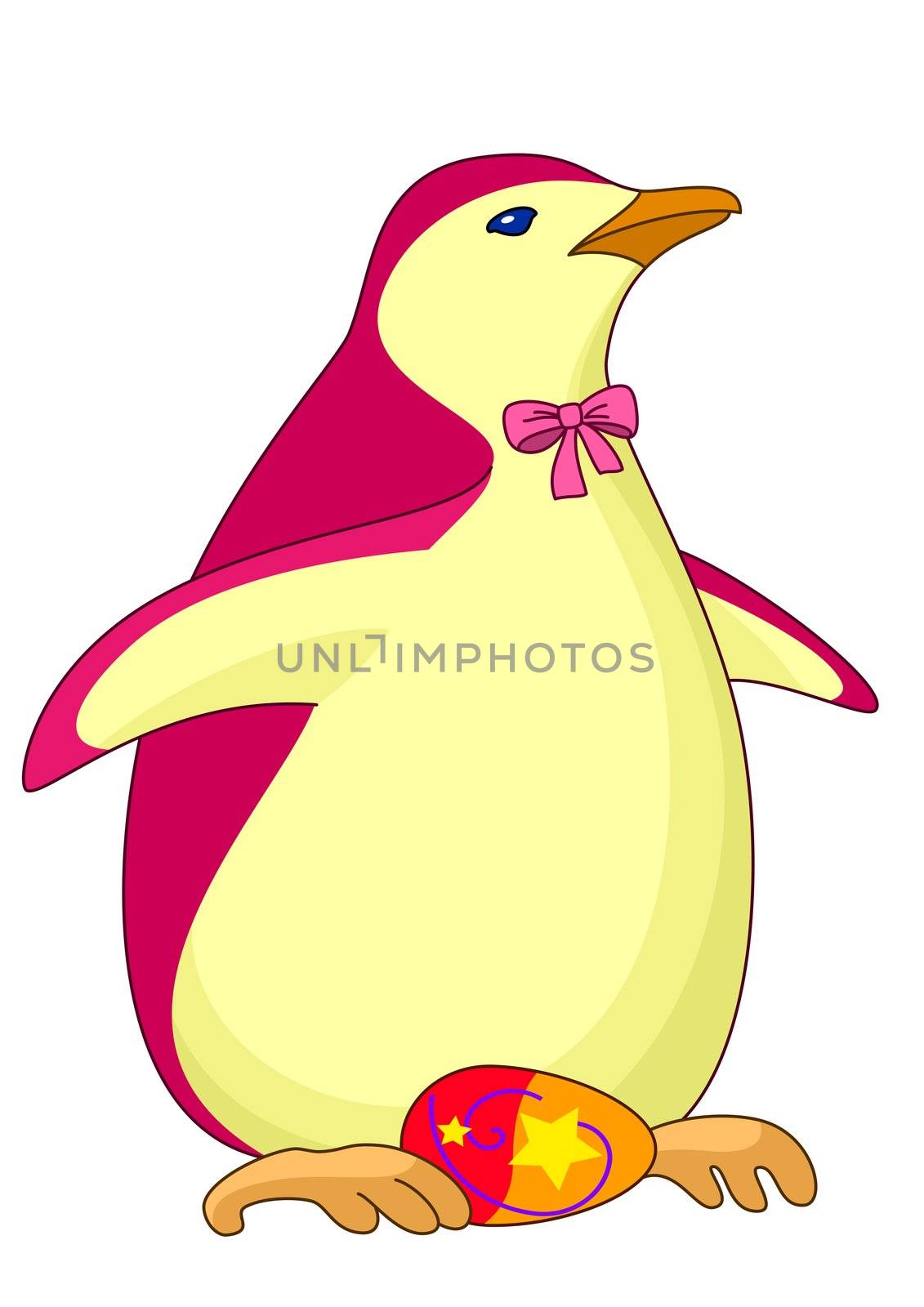 Colour antarctic penguin in a tie-butterfly with colour easter egg