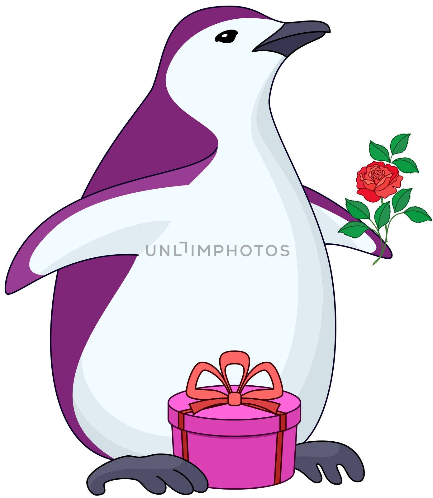 Antarctic penguin with gift box and rose flower