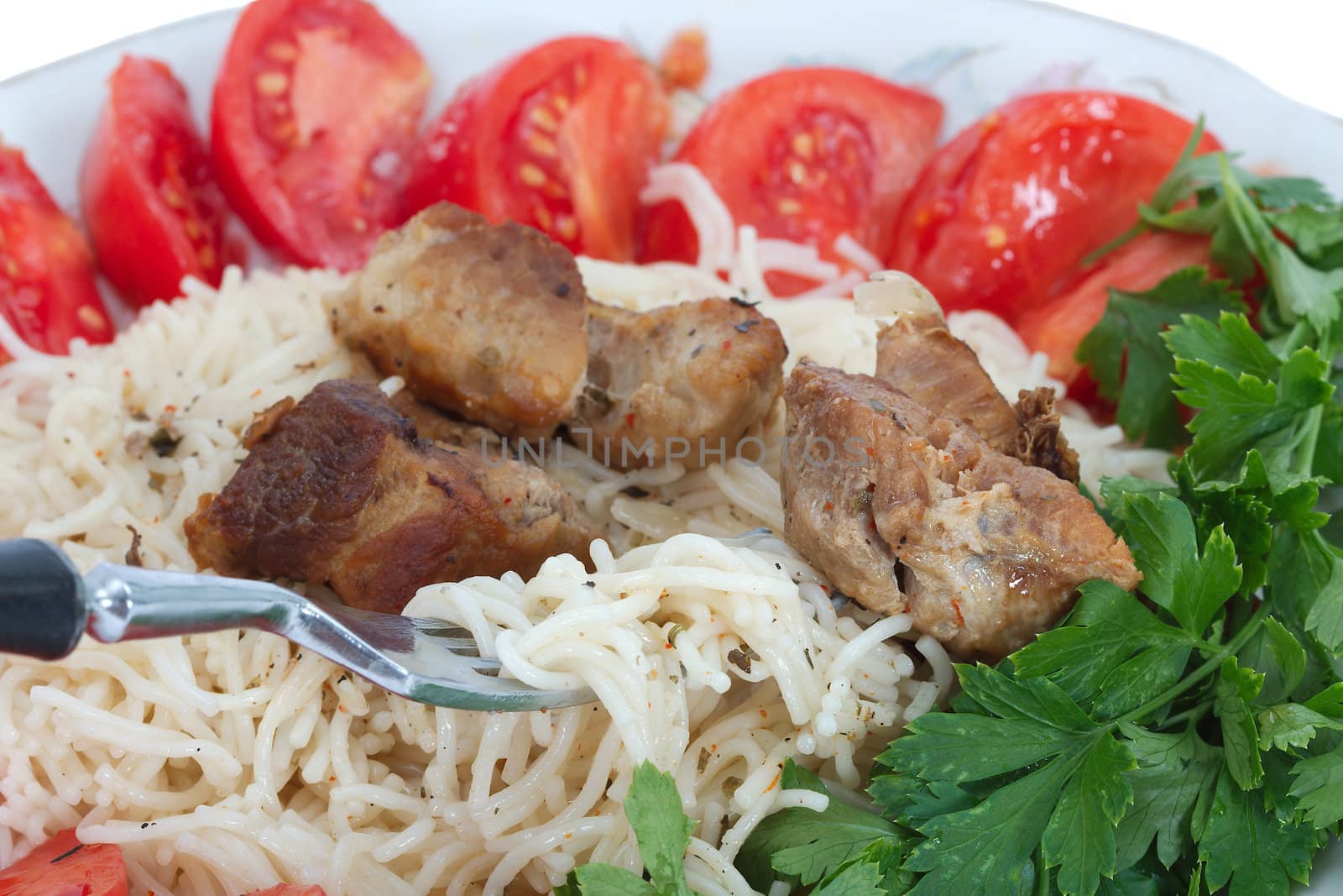 Spaghetti with meat and vegetables, with clipping path 