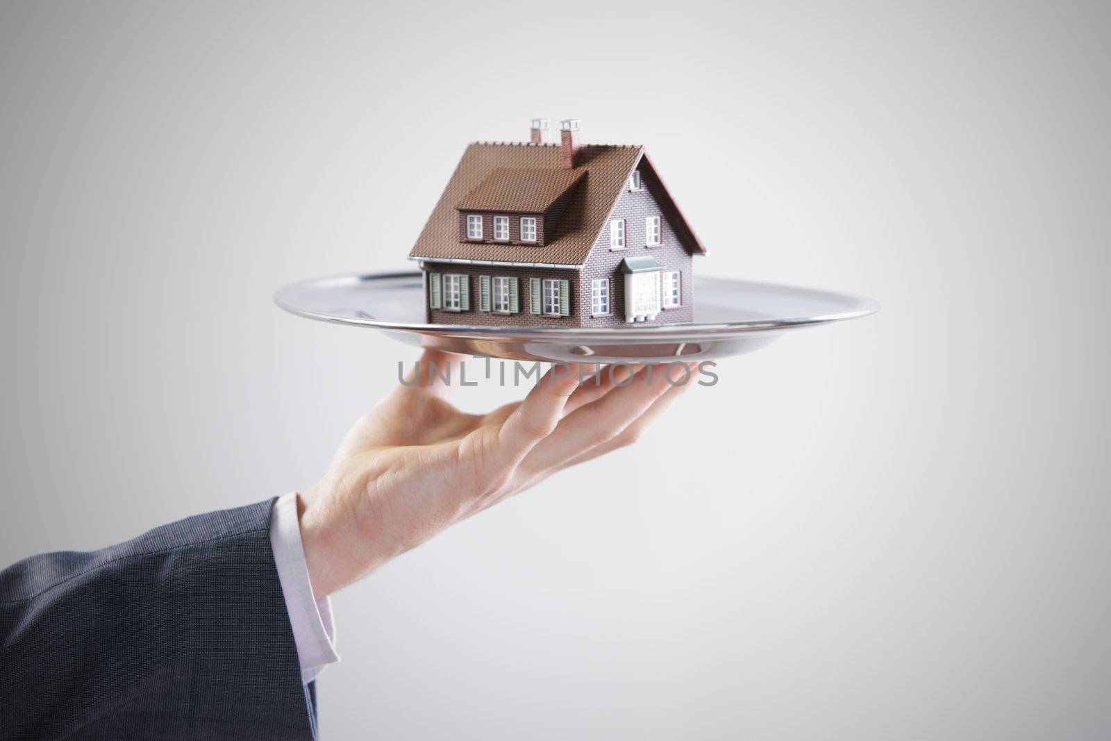 Real estate offer. Businessman holding a silver tray with an artificial model of the house