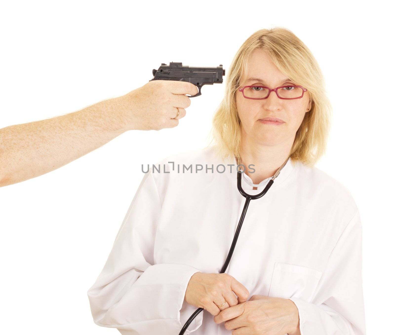 A person hold the doctor at gunpoint