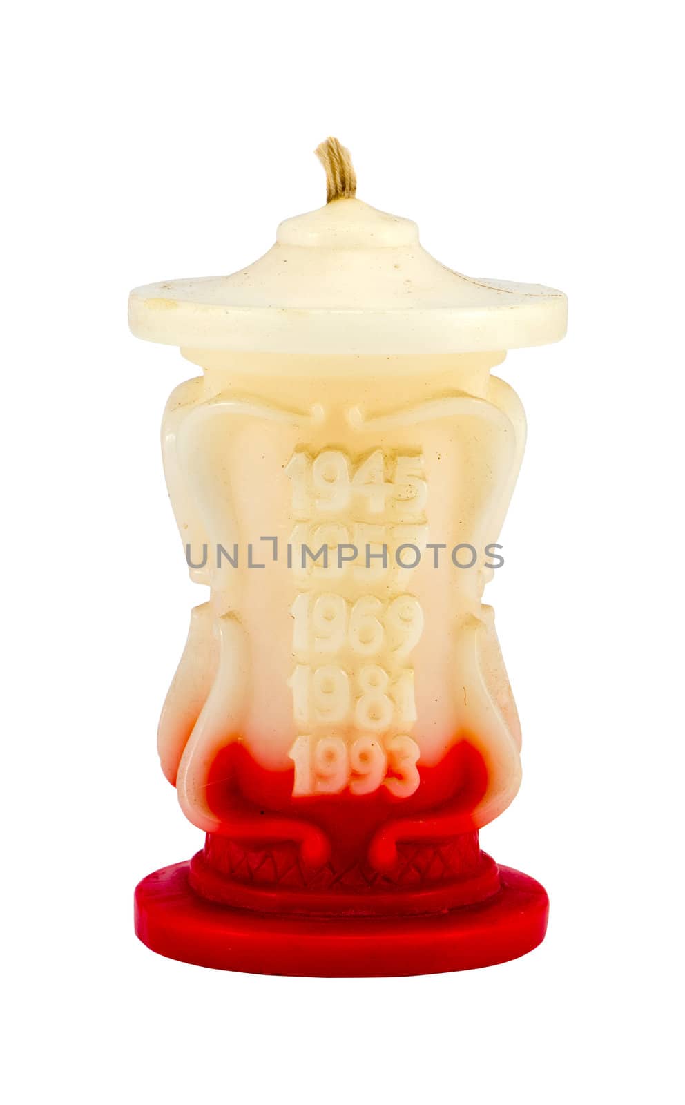 Retro candle with cock rooster year numbers isolated on white background.