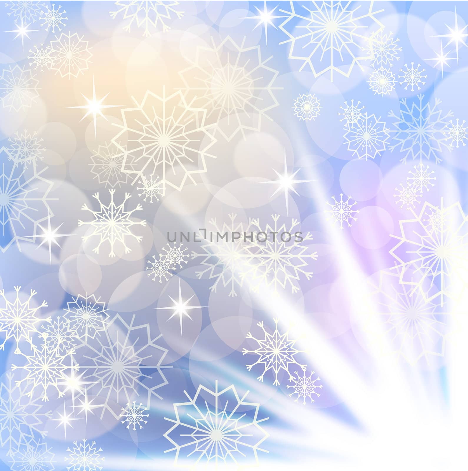 Christmas background with white snowflakes and fireworks