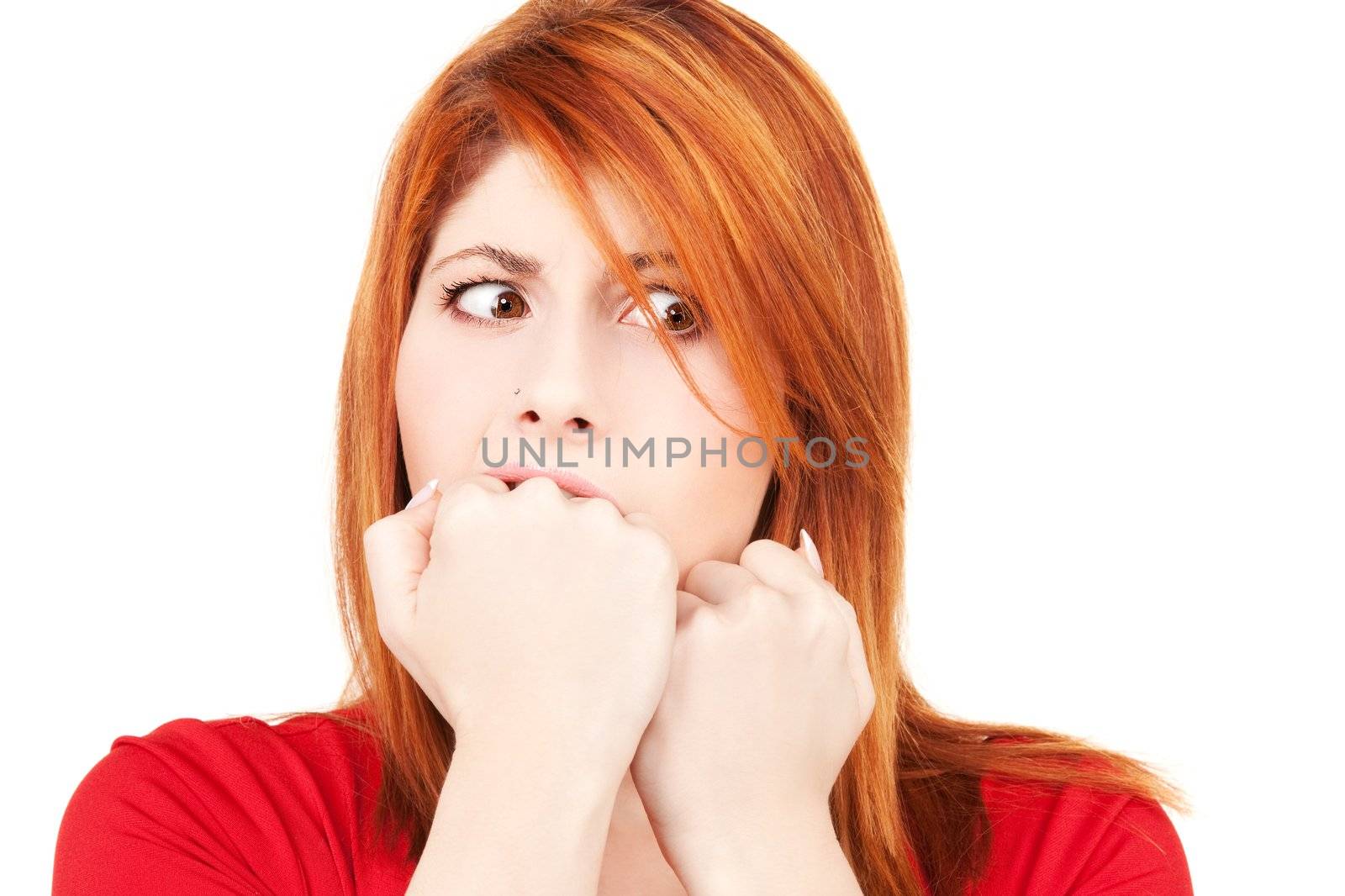 picture of unhappy redhead woman over white