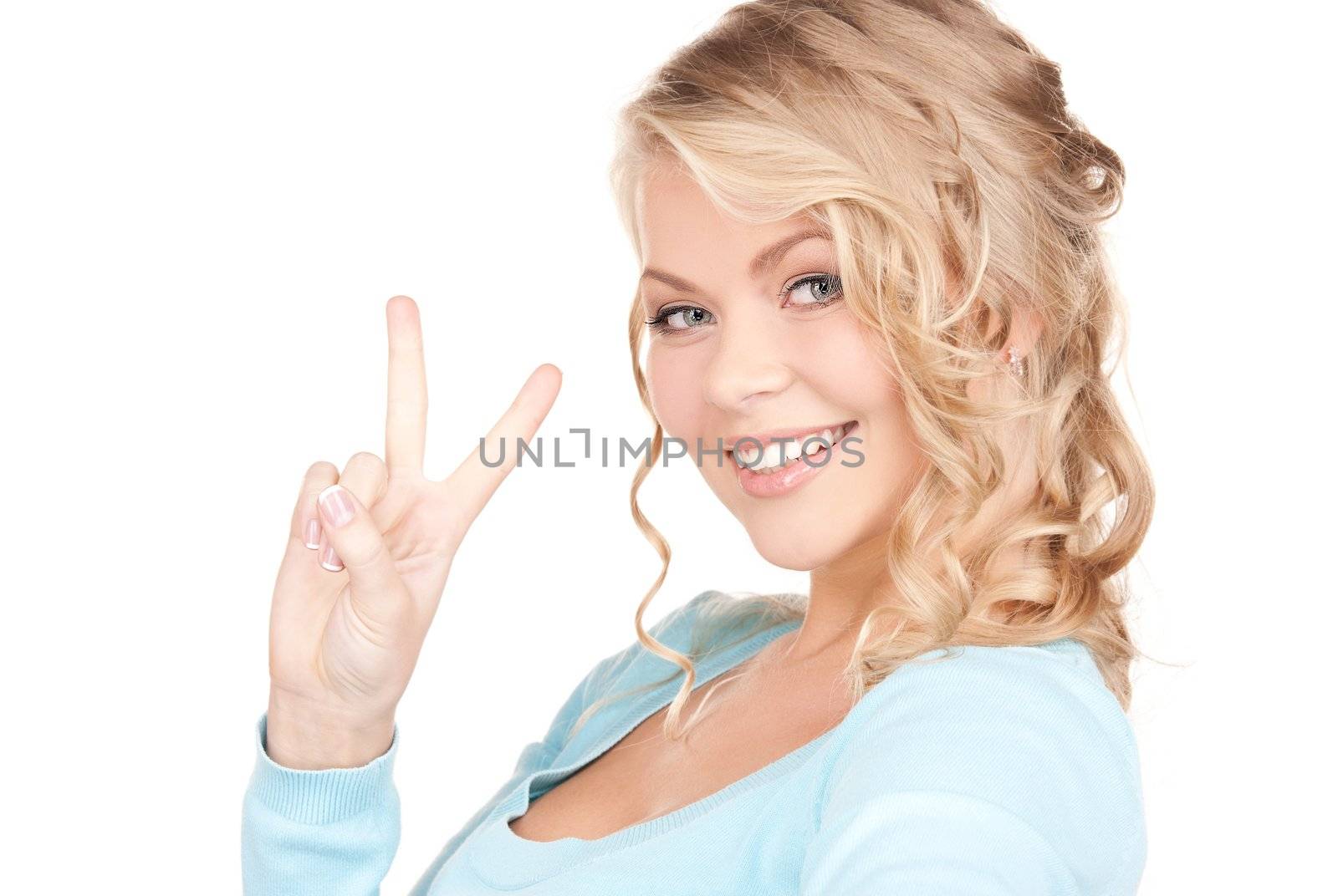 bright picture of lovely blonde showing victory sign