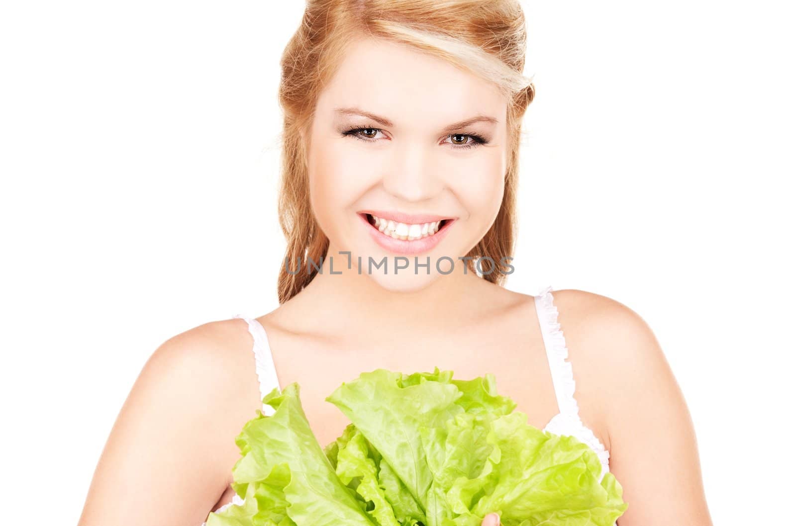 picture of happy woman with lettuce over white