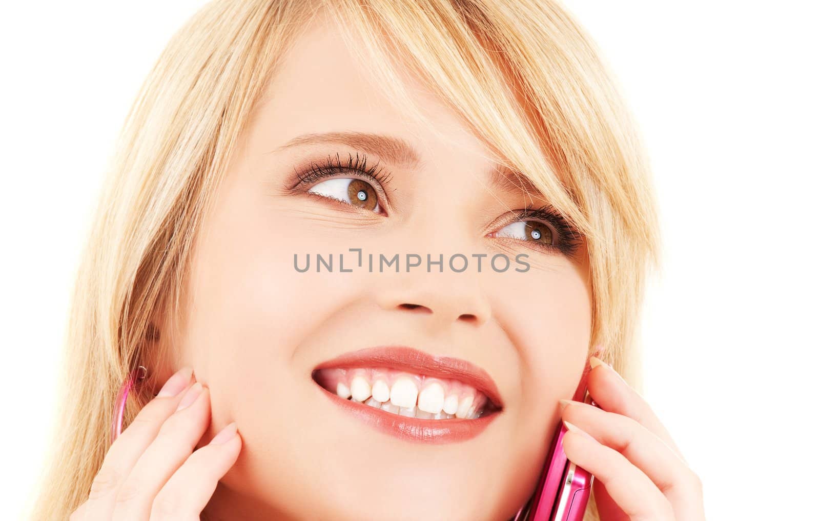 portrait of happy girl with pink phone