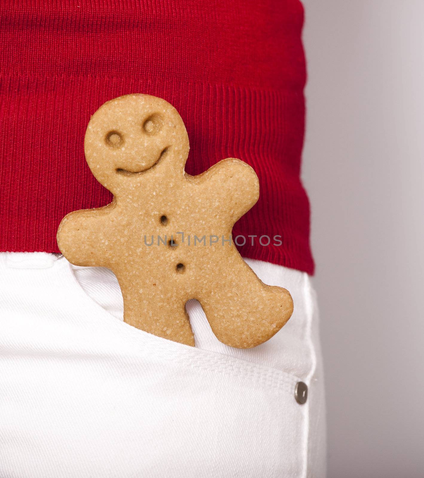 Picture of a gingerbread cookie on the pants pocket
