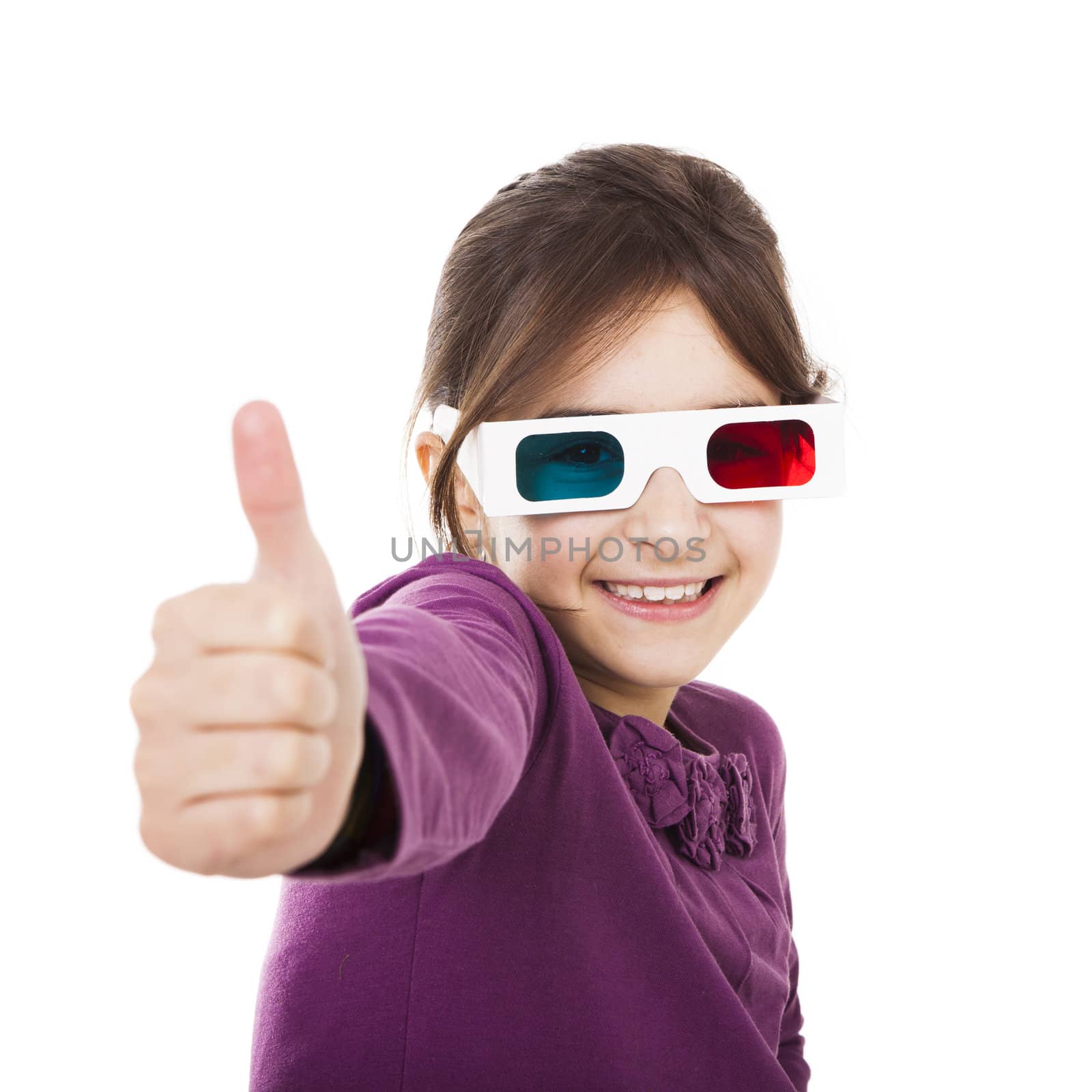 Beautiful little girl wearing 3d glasses, isolated over a white background