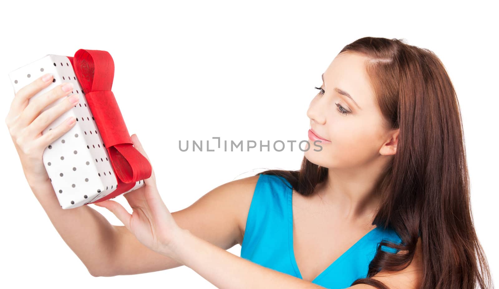 happy girl with gift box over white