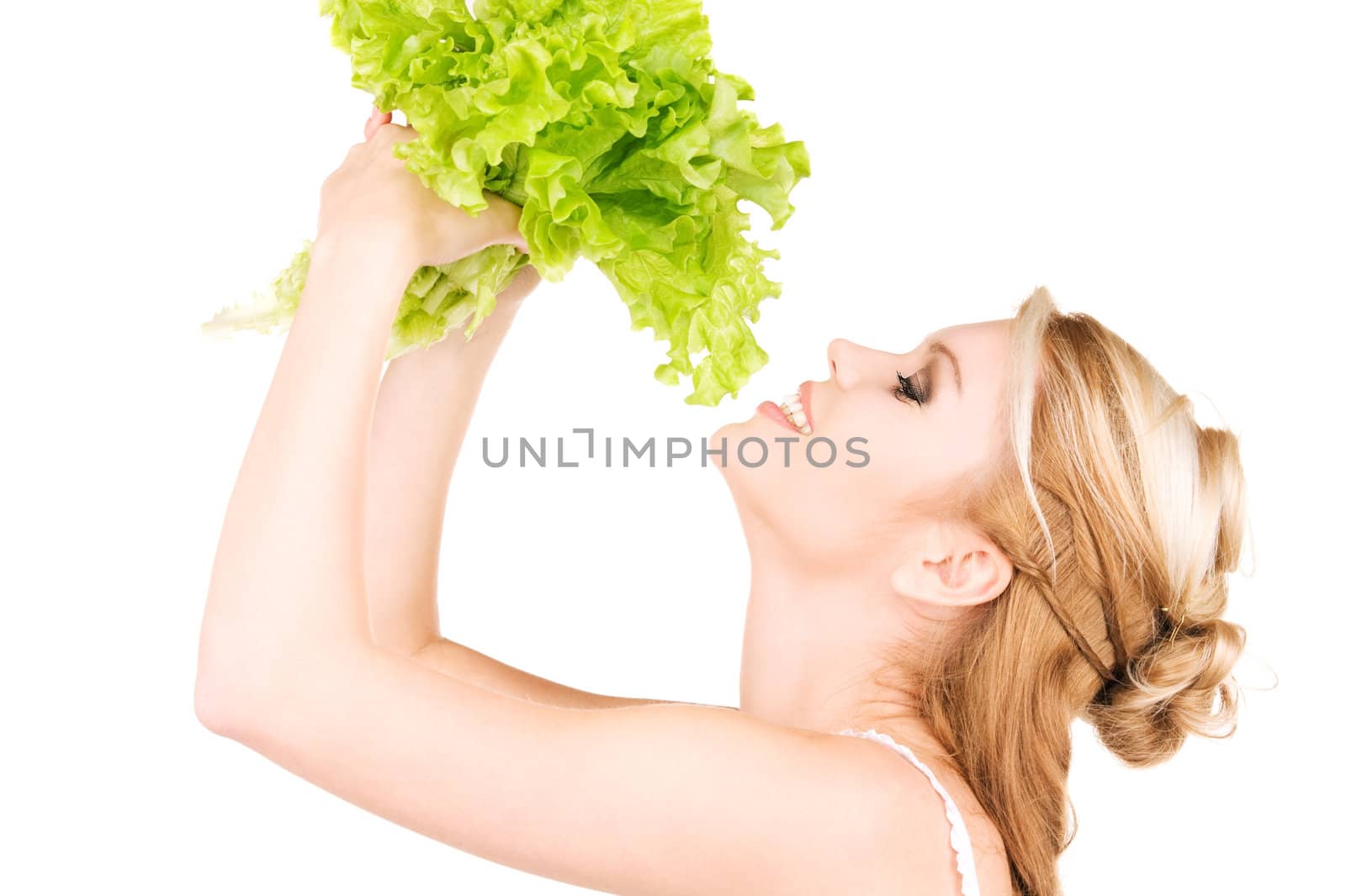 picture of happy woman with lettuce over white