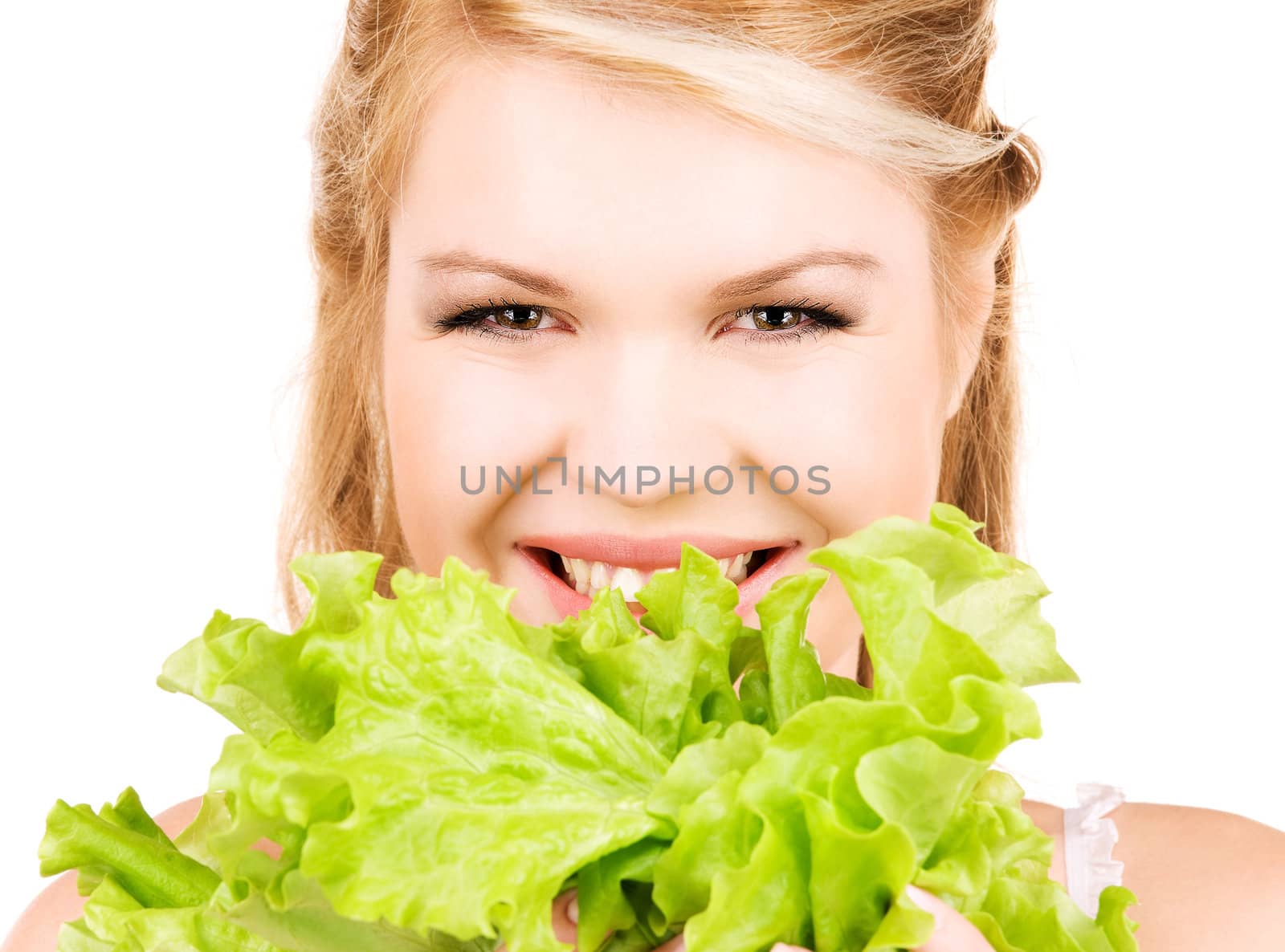 picture of happy woman with lettuce over white