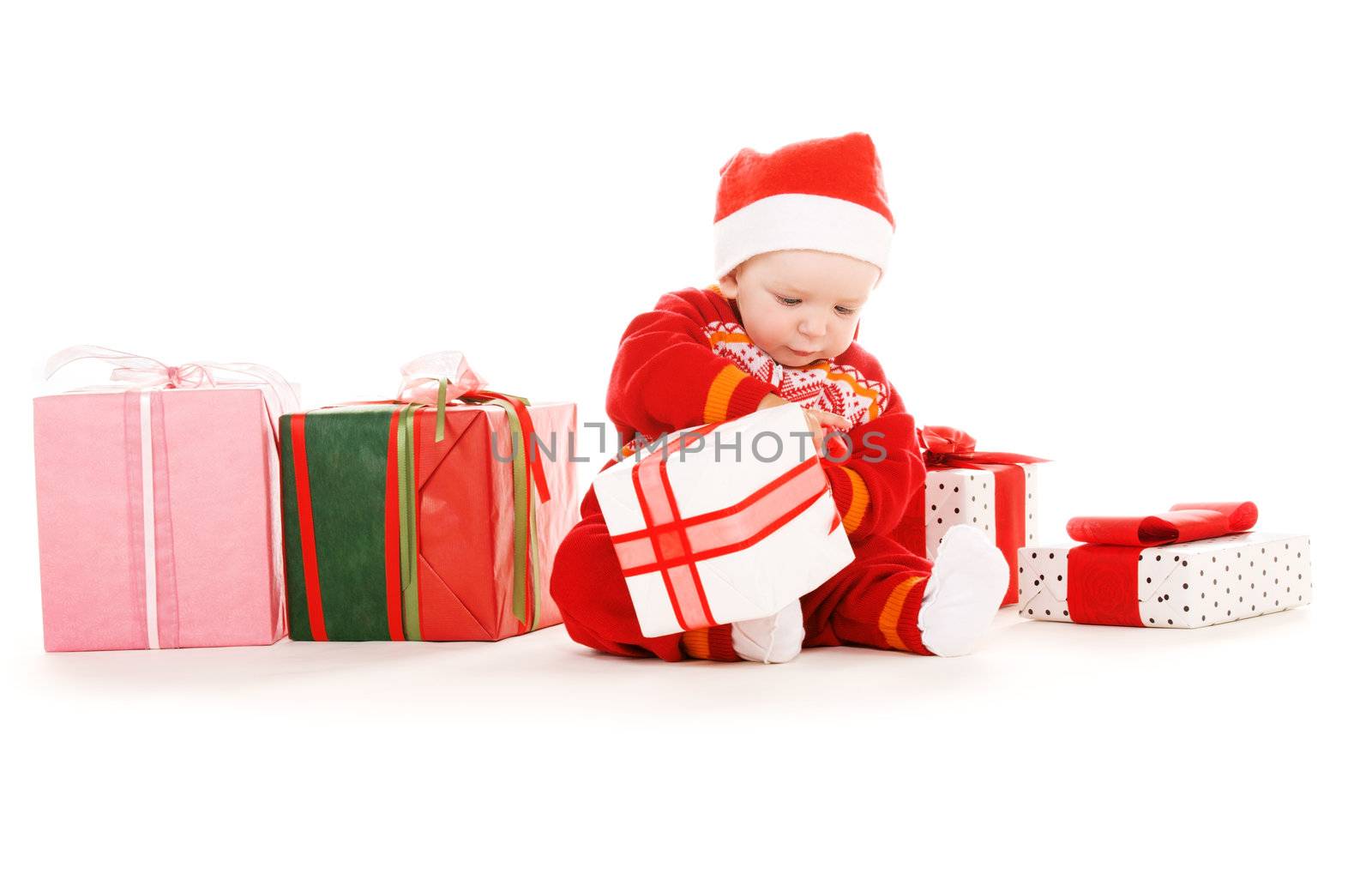 santa helper baby with christmas gifts over white