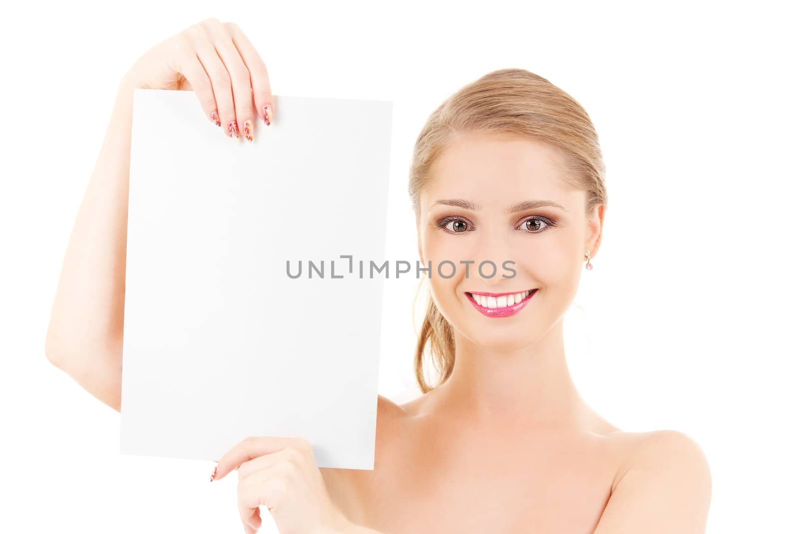 happy girl with blank board over white