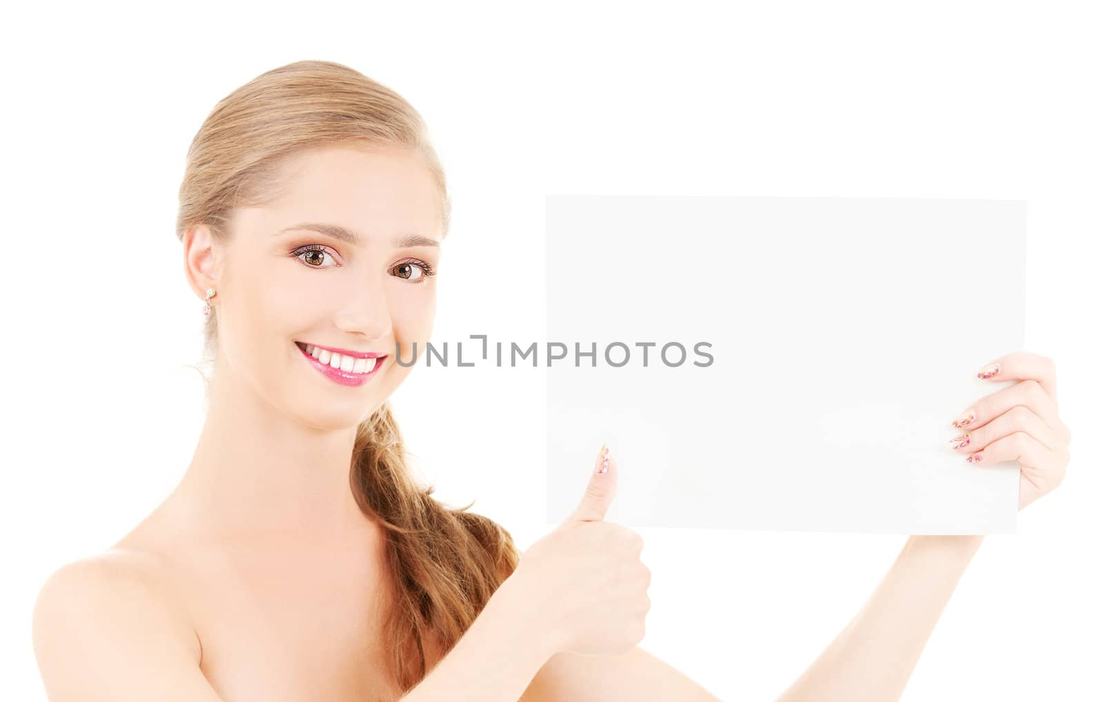 happy girl with blank board over white