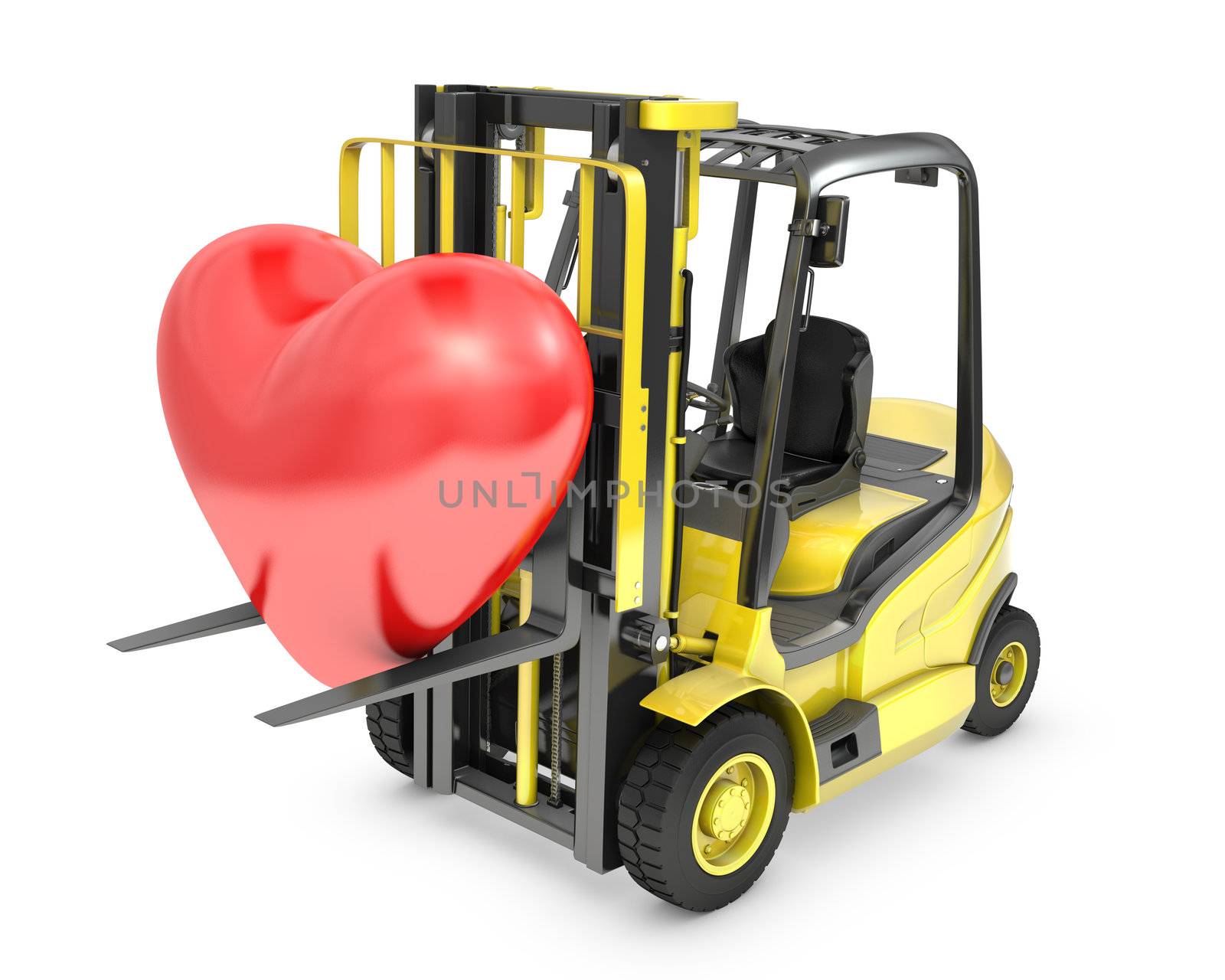 Fork lift truck lifts red heart, isolated on white background