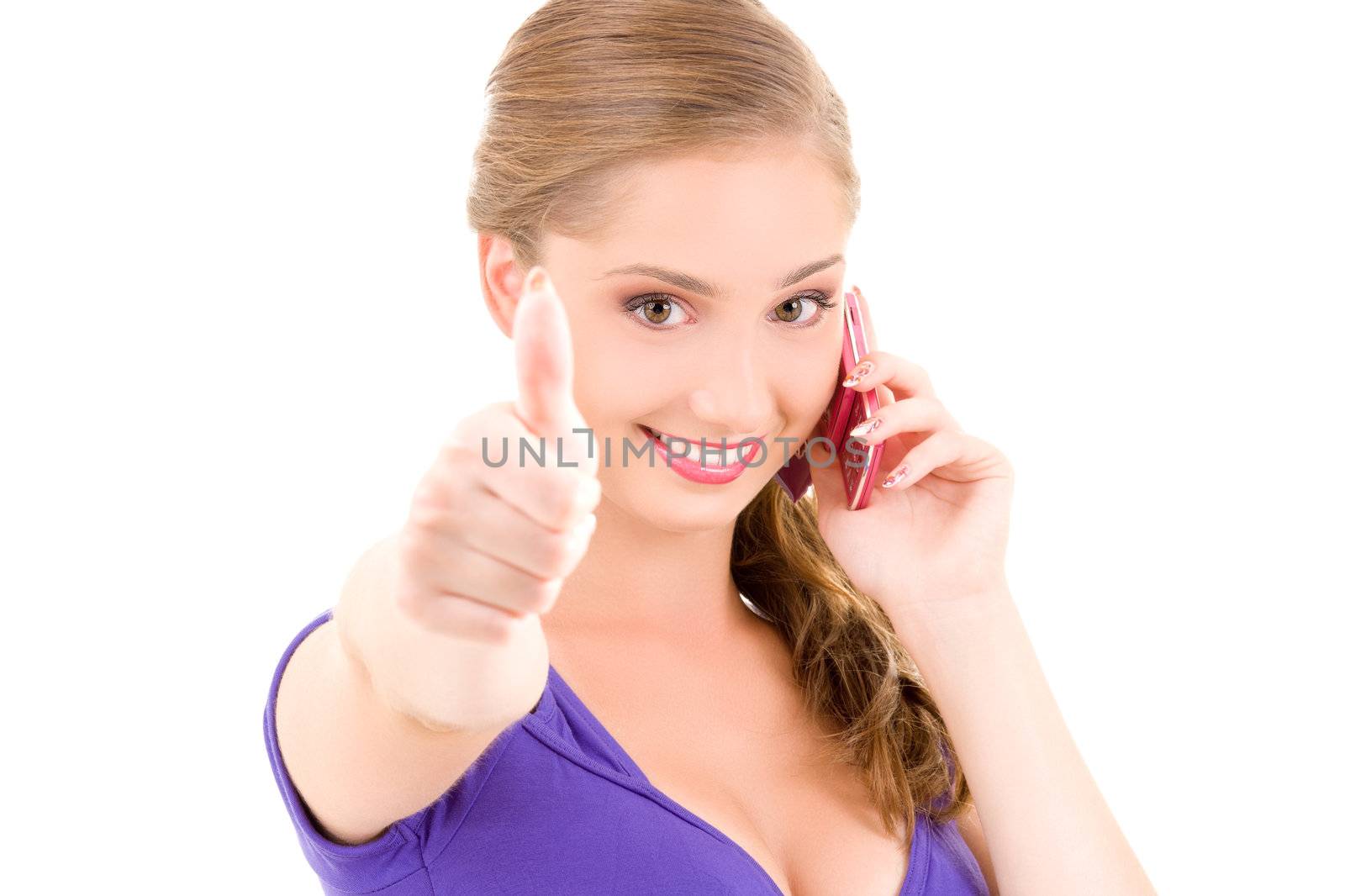 portrait of happy girl with pink phone