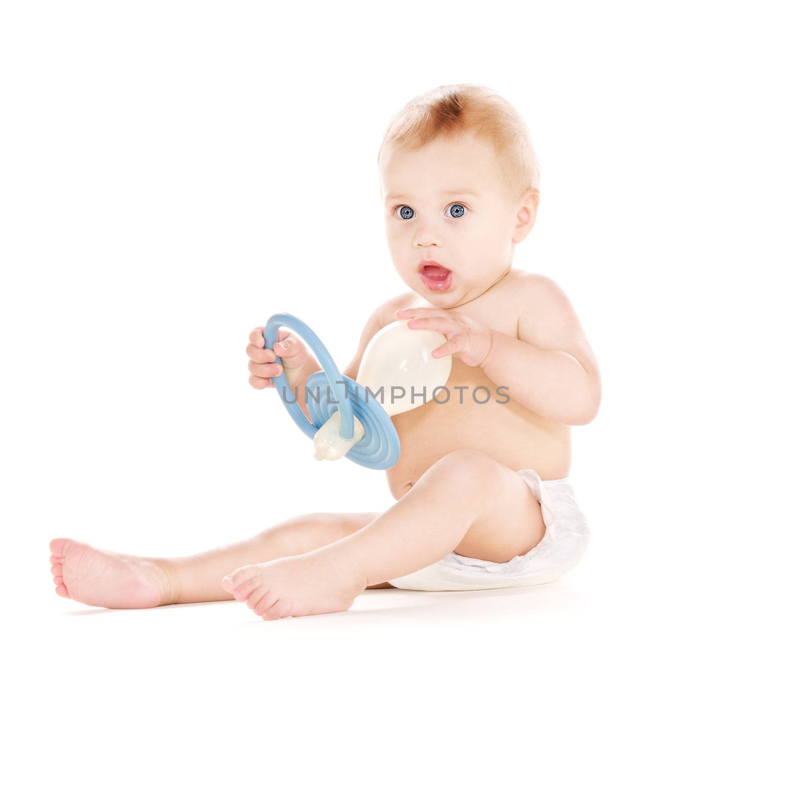 picture of baby boy with big pacifier over white