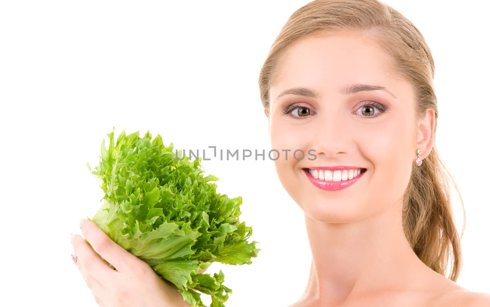 picture of happy woman with lettuce over white