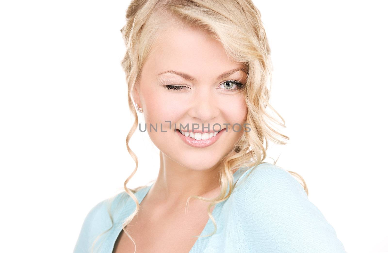 bright picture of winking woman over white