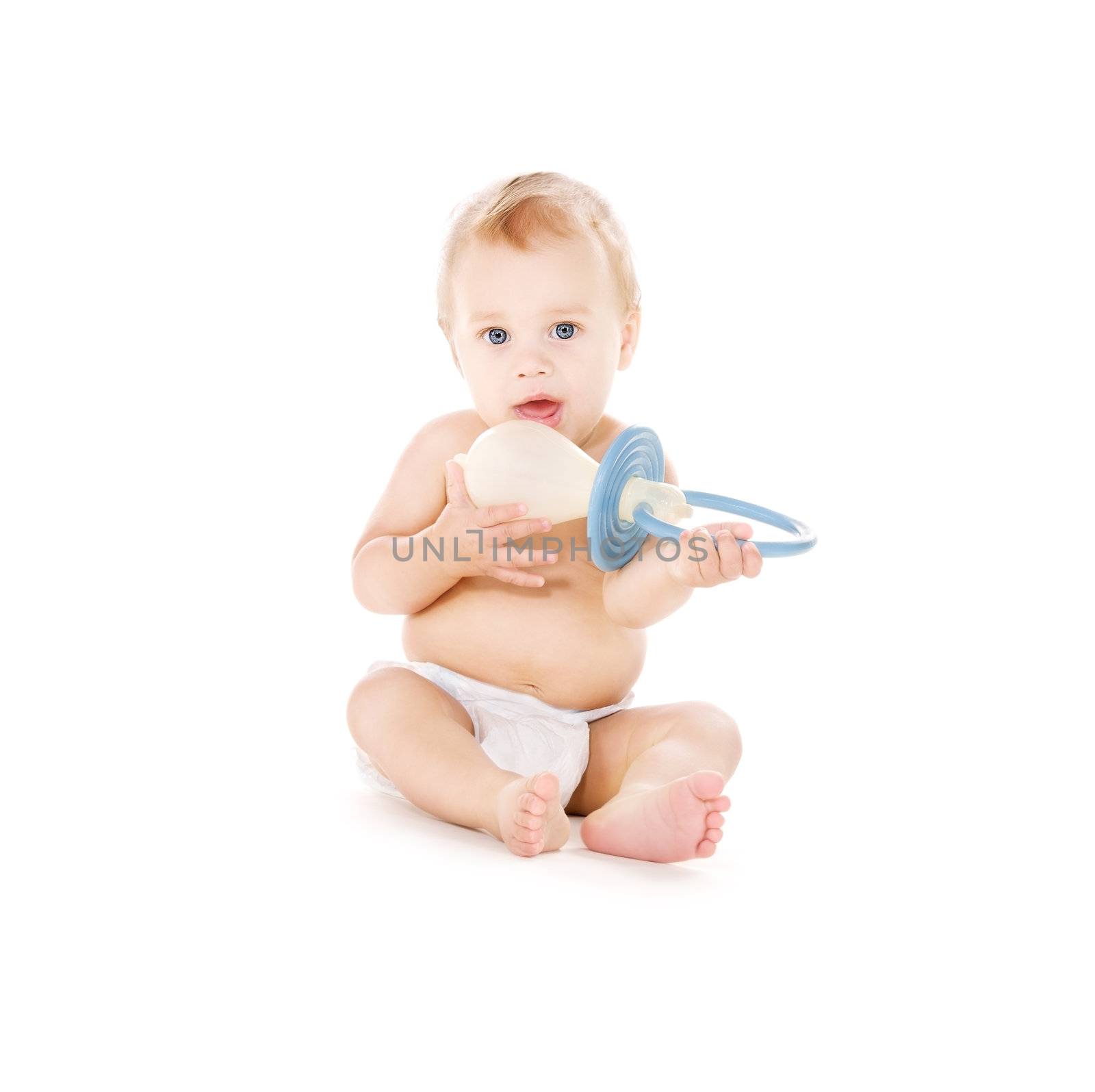 picture of baby boy with big pacifier over white