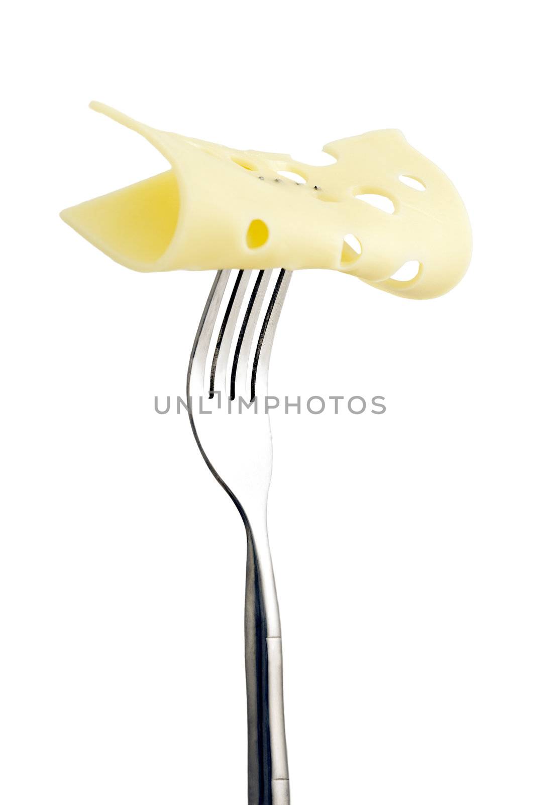 cheese in fork isolated on white background