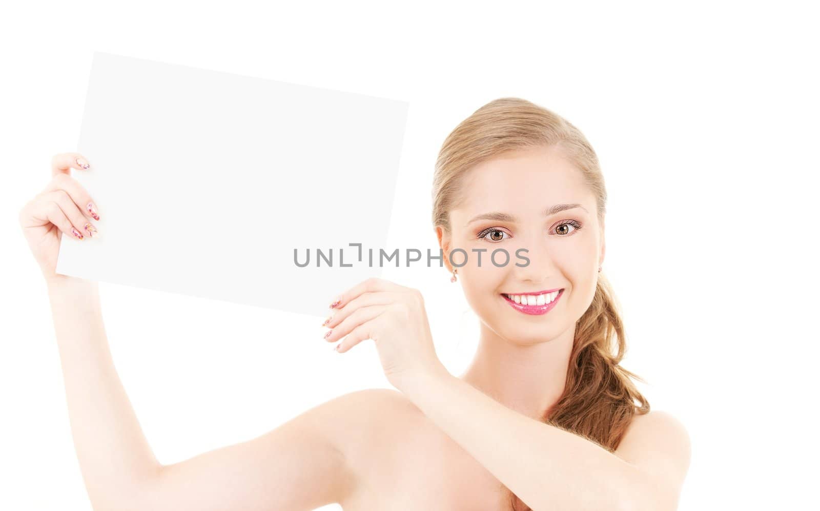 happy girl with blank board over white