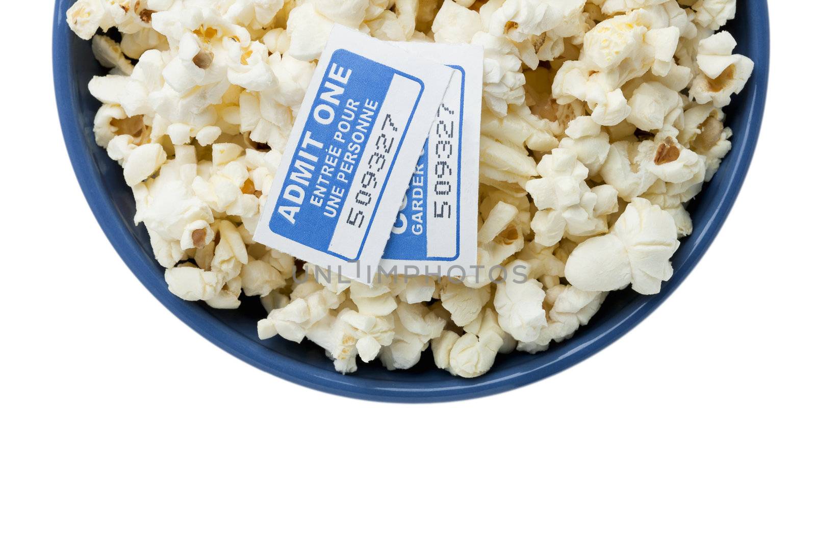 blue bowl with popcorn and cinema tickets by kozzi