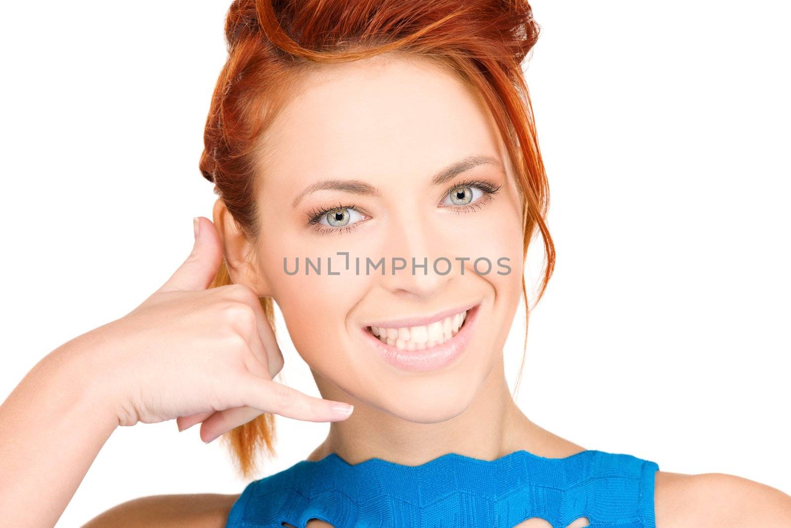 picture of lovely woman making a call me gesture