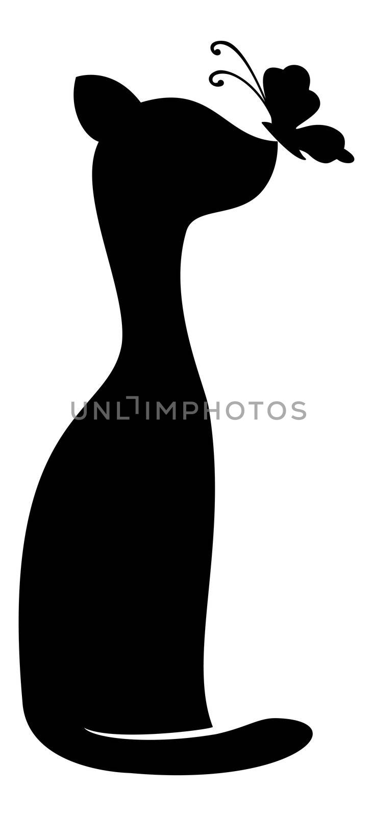 Cartoon, animals friends: cat and butterfly. Black silhouettes on white background.