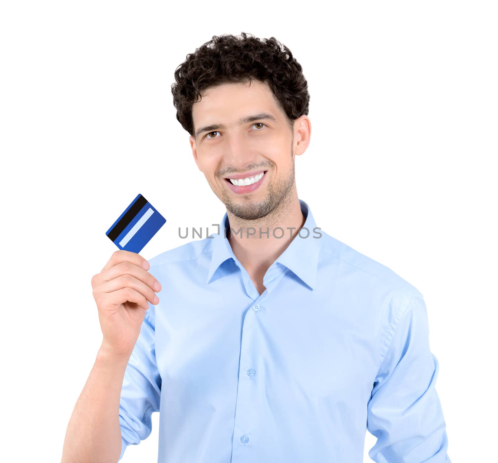 Handsome man showing credit card isolated by bloomua