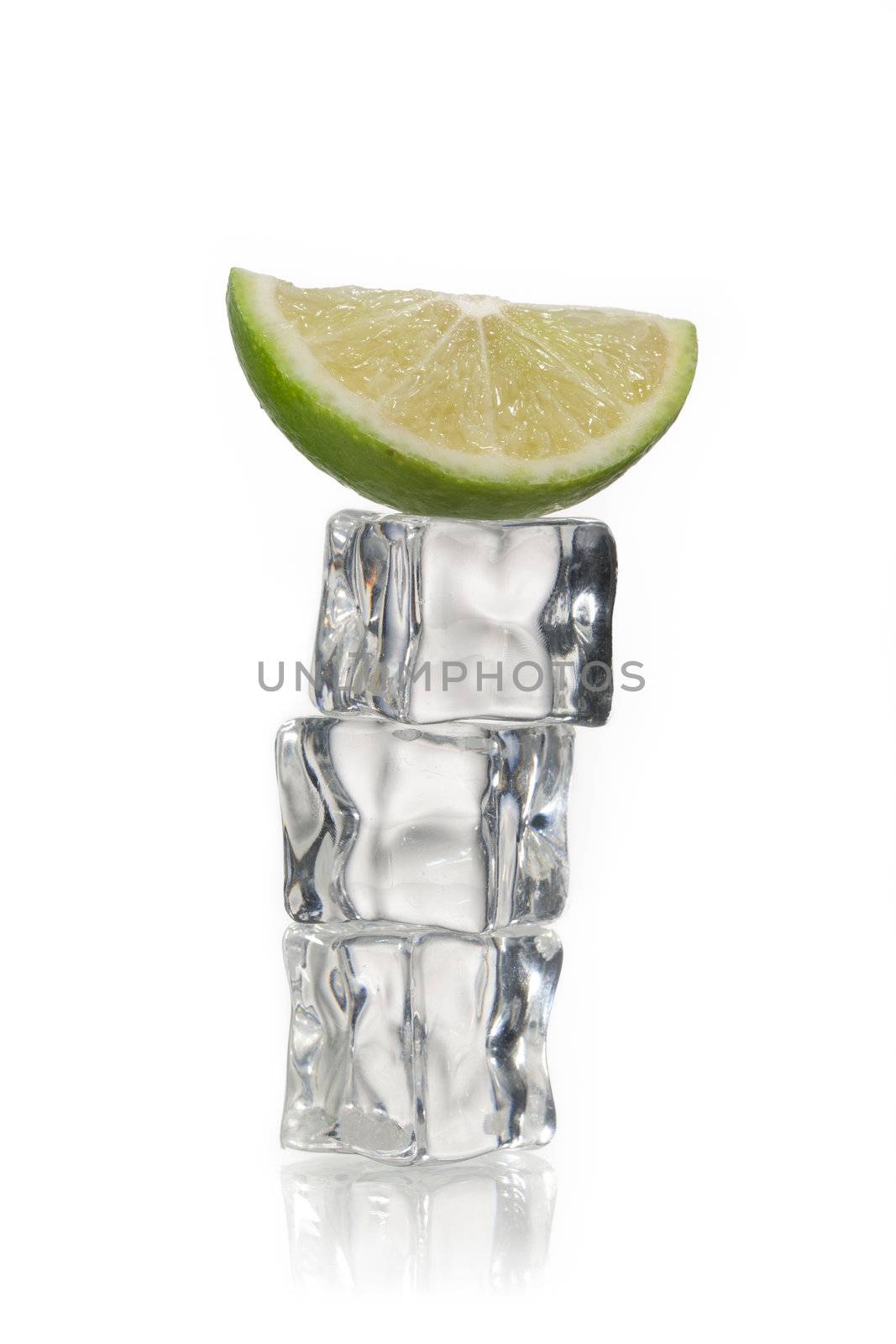 ice cubes with lemon on top on a white background