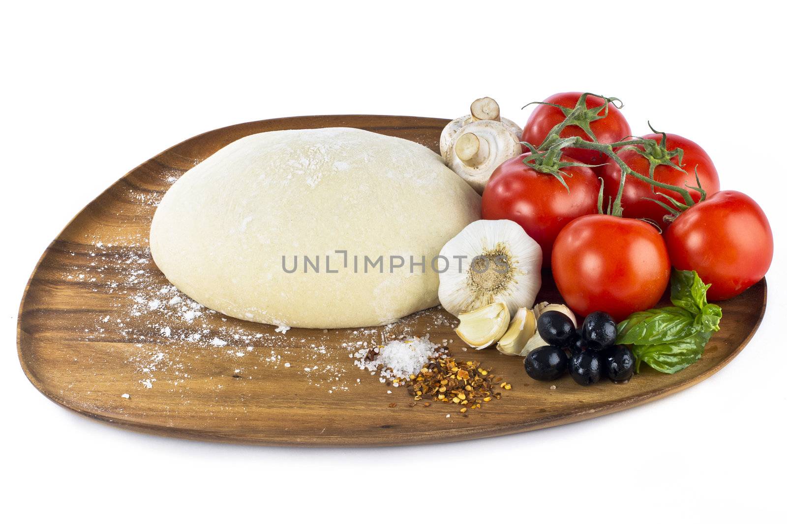 pizza dough with ingredients isolated on white background