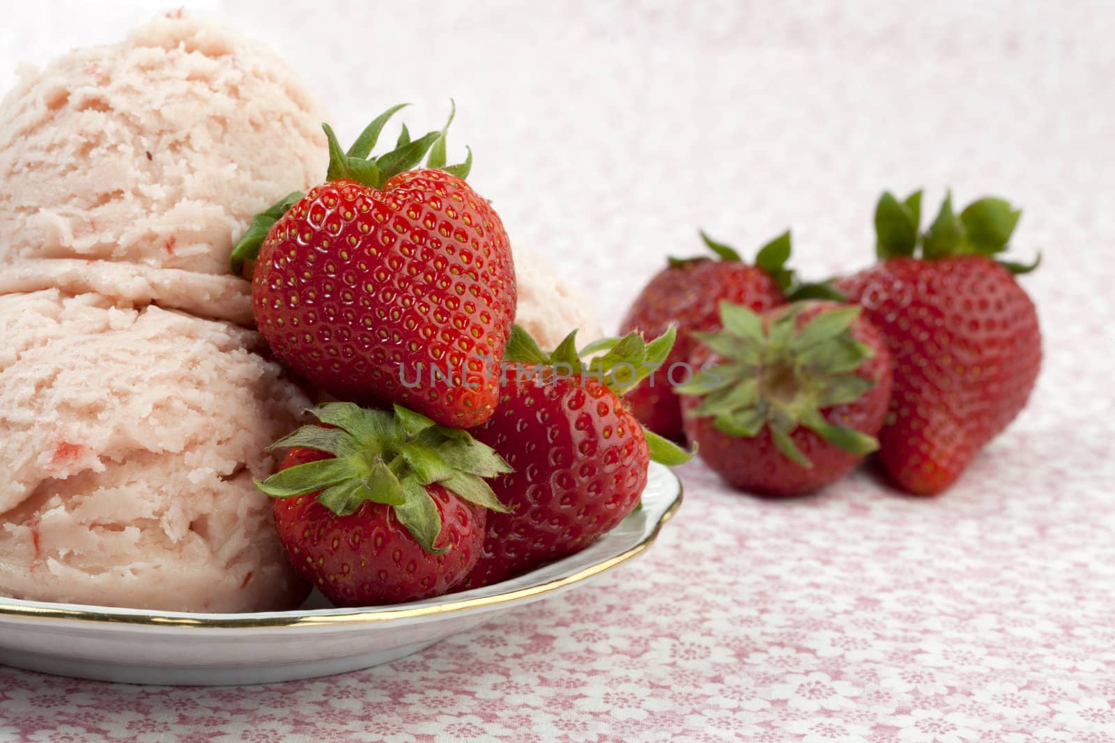 plate of strawberry ice cream with strawberry on white background