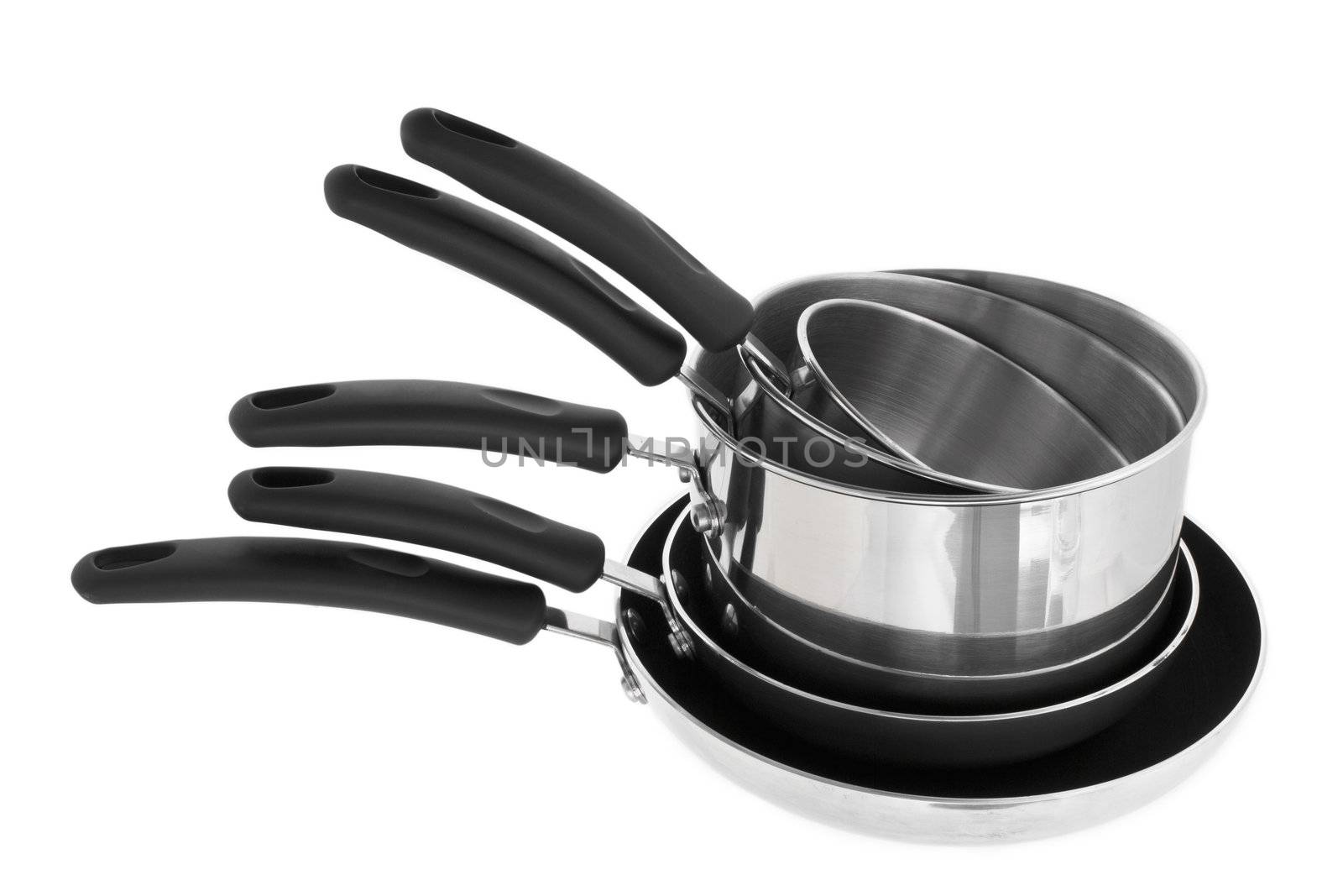 stack of stainless cooking pots isolated on a white background