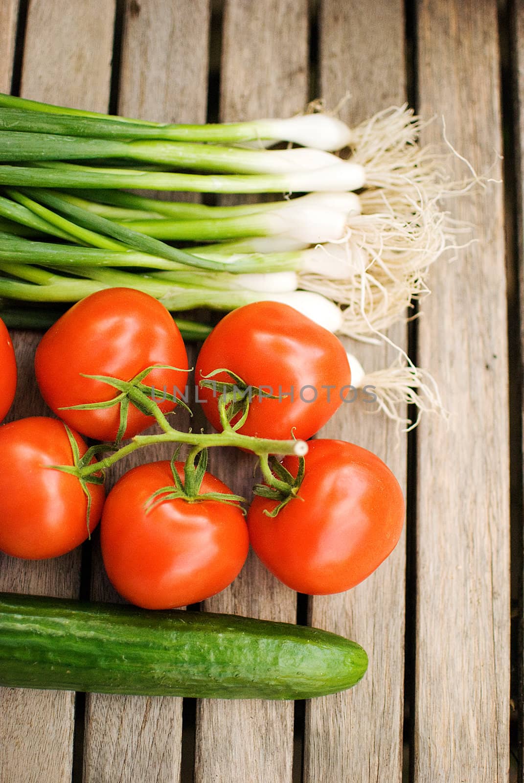 fresh vegetables tomatoes cucumber and green onion in basket over wooden table