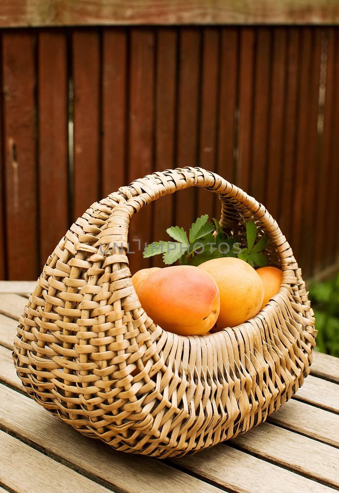 Fresh apricots in basket over wooden table