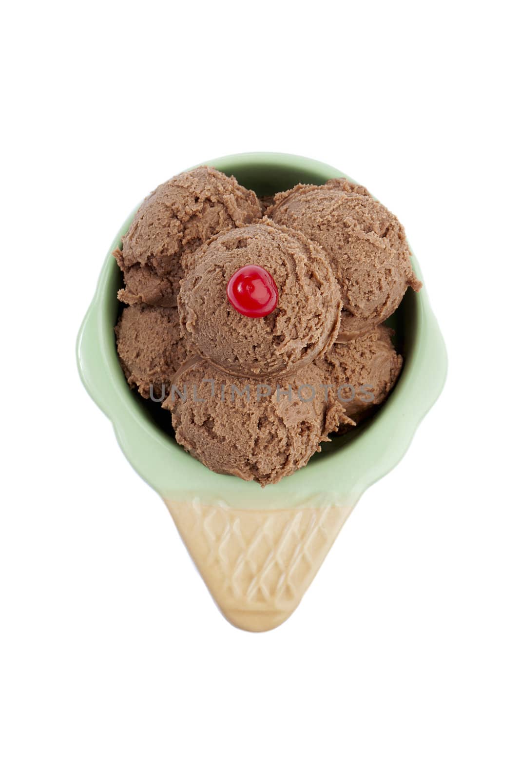 top view chocolate ice cream with cherry on a white white background